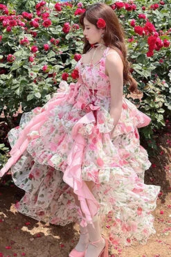 Pink Multi-Color Rose Print Sleeveless Sweet Lolita Strapless Dress -LolitaInside 8b467f53b90ec60a15a69717bec0d38b