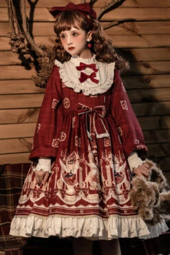 Doll Collar Lantern Long Sleeves Stitching Bear Paradise Print Ruffled Hanayome Sweet Lolita Op Dress -LolitaInside 8b59762aa42db6de5f780daafe0ae571
