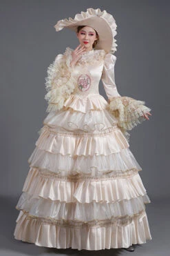 Champagne Hime Sleeves High Waisted Ruffled Multi-Layer Victorian Lolita Prom Tiered Dress -LolitaInside 8c57c504308f7b4706d36665b2b0a28a
