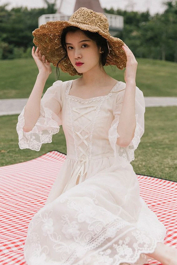 White Lantern Half Sleeves Lace Floral Embroidery Print Sweet Lolita Op Dress 7 White Lantern Half Sleeves Lace Floral Embroidery Print Sweet Lolita Op Dress - Image 5