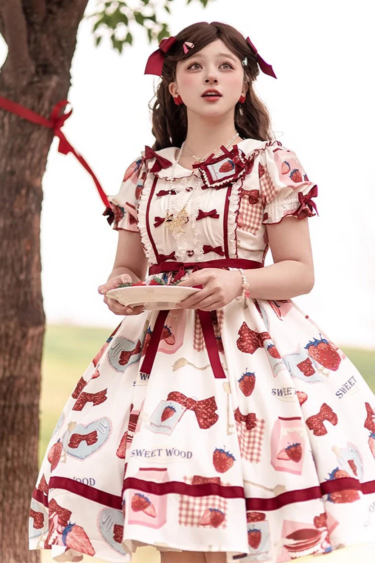 Multi-Color Strawberry Bowknot Print Short Sleeves Short Version Sweet Lolita Dress 4 Multi-Color Strawberry Bowknot Print Short Sleeves Short Version Sweet Lolita Dress - Image 2