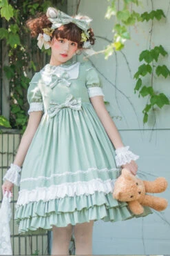 Green Short Sleeves High Waisted Bowknot Multi-Layer Classic Lolita Jsk Dress -LolitaInside 8cb0d3f7b6108a4405f9457f00da8503