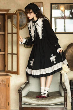 Dark Black Temple Of The Cross Doll Collar High Waisted Long Sleeves Multi-Layer Ruffled Gothic Lolita OP Dress -LolitaInside 8d644790cb647cc46c21028f25f2d8ce