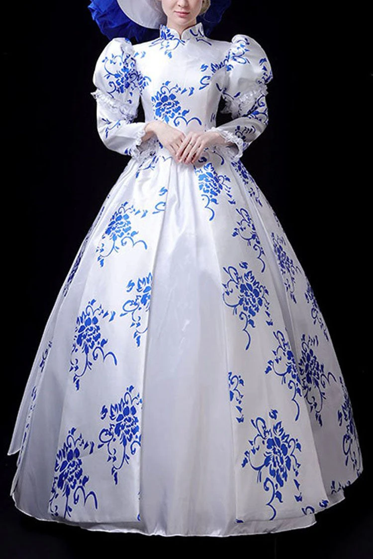 Blue/White Porcelain Printing Stand Collar High Waisted Victorian Lolita Prom Dress 3 Blue/White Porcelain Printing Stand Collar High Waisted Victorian Lolita Prom Dress