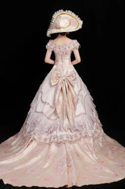 Pink Boat Neck High Waisted Hollow Embroidery Floral Print Multi-Layer Victorian Lolita Prom Dress -LolitaInside 8d85759040e3330f27a953802d3668f7