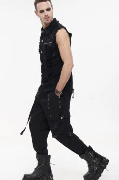 Black Punk Standing Collar Irregular Hand-Painted Sleeveless Metal Decoration Tattered Men's Shirt -LolitaInside 8d8d16b904d140c7a29e28d670abf510