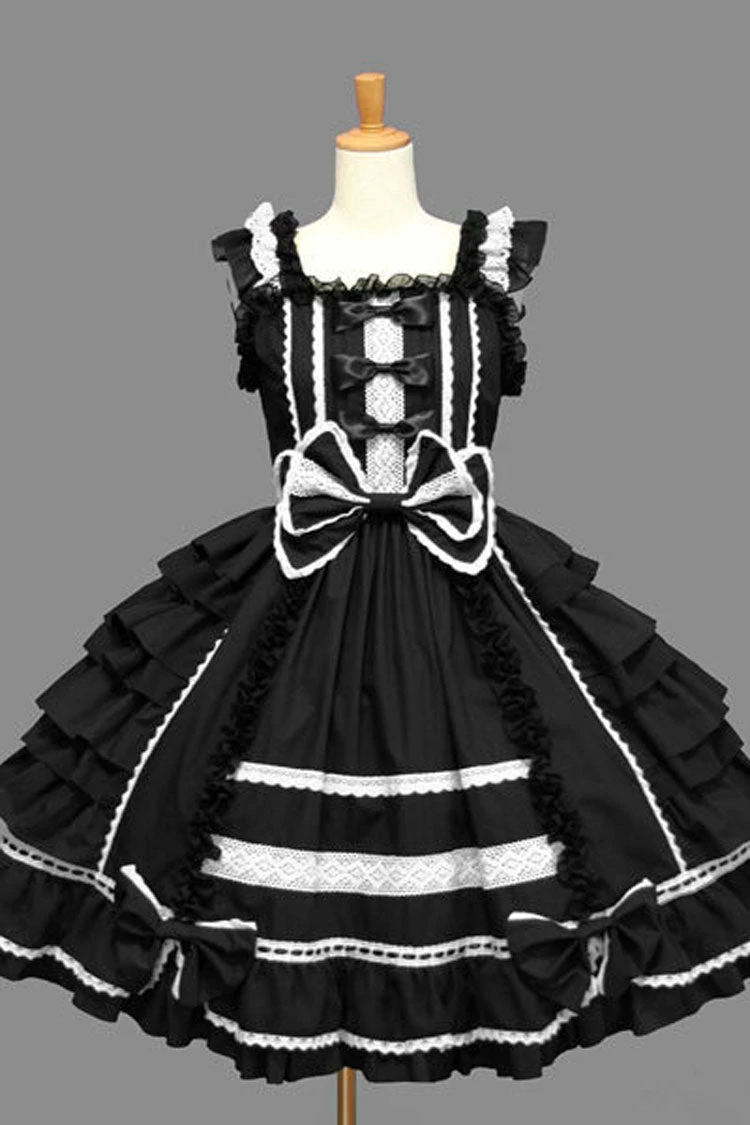 Color Stitching Lace Square Neck Cap Sleeve Knee Length Ruffled Bowknot Classic Lolita Dress 4 Color Stitching Lace Square Neck Cap Sleeve Knee Length Ruffled Bowknot Classic Lolita Dress - Image 2