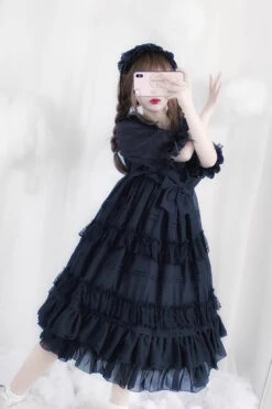 Black Lace Cool Angel Short Sleeves Bowknot Ruffle Gothic Lolita Dress -LolitaInside 8f0bab884ac051391a488575c6b916db