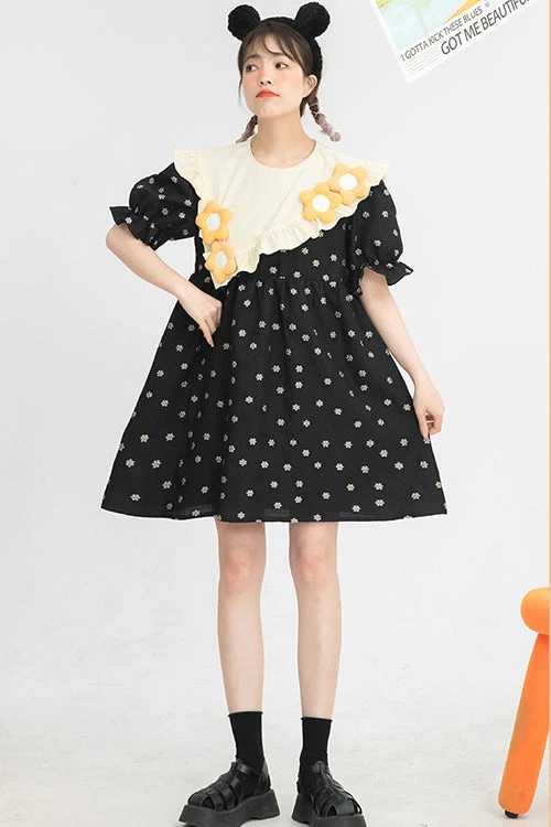 Black Ruffled Splicing Round Collar Bubble Short Sleeves Floral Print High Waisted Sweet Lolita Dress 4 Black Ruffled Splicing Round Collar Bubble Short Sleeves Floral Print High Waisted Sweet Lolita Dress - Image 2