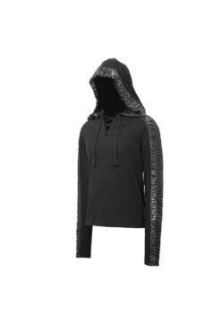 Black Chest Lace Up Vertical Stripes Woolen Splice Bright Crimped Fabric Hooded Men's Punk T-Shirt -LolitaInside 9050b3586d5201ce624b77845064fa8e