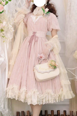Pink Elegant Vintage Square Collar Short Sleeves Multi-Layer Ruffled Classic Lolita OP Dress