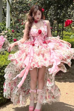 Pink Multi-Color Rose Print Sleeveless Sweet Lolita Strapless Dress -LolitaInside 911aa2942b4a2cfca225ea566238b32a