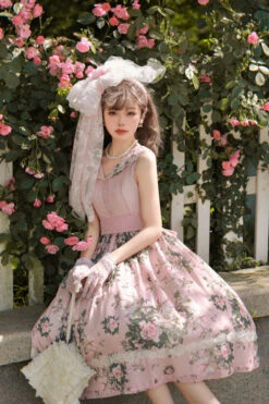 Pink Elegant Vintage French Rose Floral Print V Collar Sleeveless Ruffled Classic Lolita JSK Dress 12 Pink Elegant Vintage French Rose Floral Print V Collar Sleeveless Ruffled Classic Lolita JSK Dress -LolitaInside 91a4995a7f1340676f5586fe3e98fafc