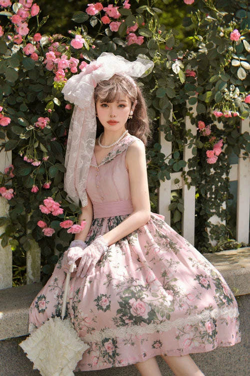 Pink Elegant Vintage French Rose Floral Print V Collar Sleeveless Ruffled Classic Lolita JSK Dress 6 Pink Elegant Vintage French Rose Floral Print V Collar Sleeveless Ruffled Classic Lolita JSK Dress - Image 4