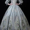 Blue Boat Neck Half Sleeves High Waisted Hollow Embroidery Floral Print Victorian Lolita Prom Dress -LolitaInside 91b54955b81c5537cc05232e0731f39a