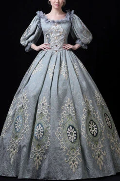 Blue Boat Neck Half Sleeves High Waisted Hollow Embroidery Floral Print Victorian Lolita Prom Dress