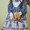 Dark Blue Classical Alarm Clock Print Long Sleeve Bowknot Sweet Lolita Op Dress