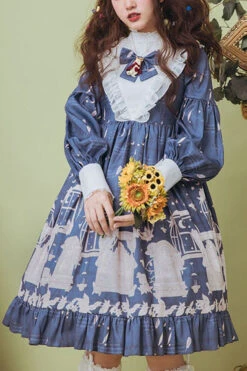 Dark Blue Classical Alarm Clock Print Long Sleeve Bowknot Sweet Lolita Op Dress