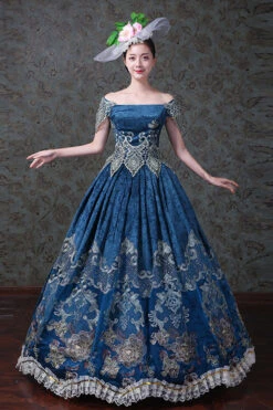 Blue Boat Neck Off-The-Shoulder High Waisted Embroidery Floral Print Victorian Lolita Prom Dress -LolitaInside 927066f026e455a1221e64155463e107