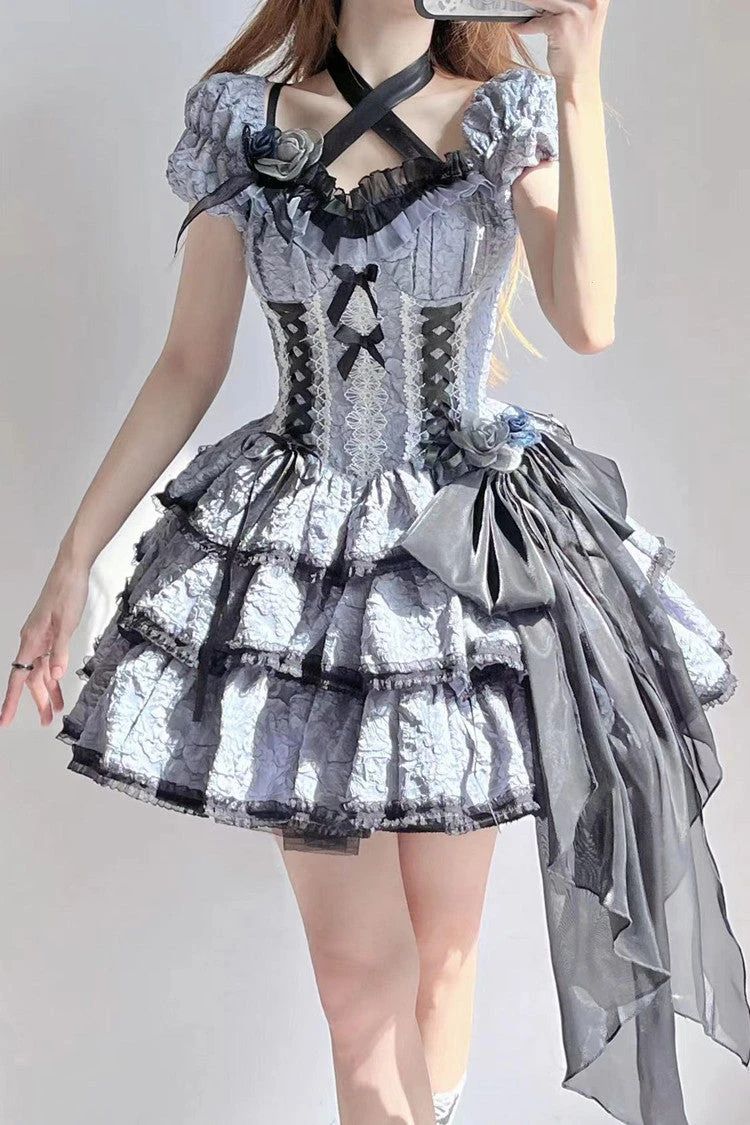 Black/Blue Medea Kiss Short Sleeves Gothic Lolita Op Tiered Dress 3 Black/Blue Medea Kiss Short Sleeves Gothic Lolita Op Tiered Dress