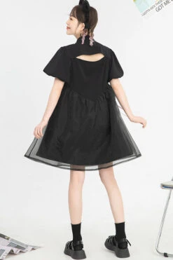 Black Stand Collar Lantern Short Sleeves Floral Print Organza Panel Sweet Lolita Dress -LolitaInside 92980a3dde0a23802ffdc32731721752