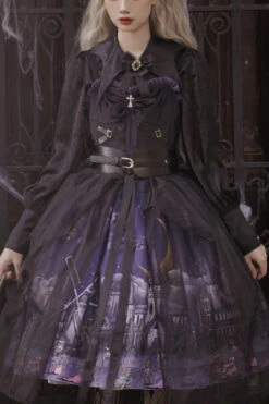 Black Witch Town Print With Veil Gothic Lolita JSK Dress