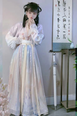 Multi-Color Chinese Style Tang Dynasty Round Collar Print Sweet Hanfu Dress Full Set -LolitaInside 938470174d94423ee266eb853056984c