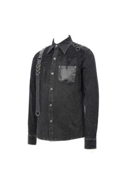 Black Asymmetric Left Shoulder Loop Mesh Rivet Snap Button Men's Punk Shirt -LolitaInside 9398cf054434839232356cc2ce015506