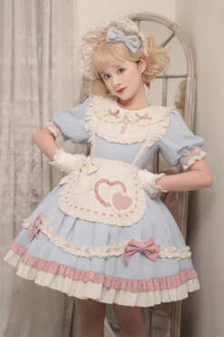 Blue Short Puff Sleeves Ruffle Bowknot Maid Sweet Princess Lolita Dress