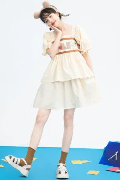 Beige Vintage Square Collar Ruffled Short Sleeves Cartoon Bear Print High Waisted Sweet Lolita Dress -LolitaInside 94740ebe31a48927905423cdad63fb49