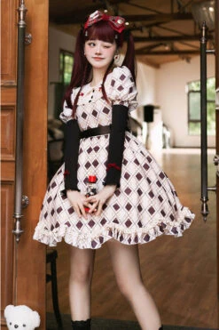 Pink Doll Collar Bubble Long Sleeve Ruffled Plaid Print With Vest Sweet Lolita OP Dress -LolitaInside 94e17dbfd0ef2085a361c285ed1efc33