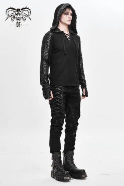 Black Chest Lace Up Vertical Stripes Woolen Splice Bright Crimped Fabric Hooded Men's Punk T-Shirt -LolitaInside 9502ede696d31a2d02f009323d6390fa