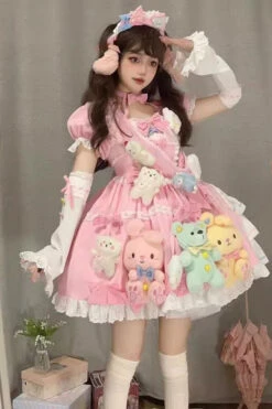 Pink Square Collar Print Doll Party Detachable Sleeves Ruffle Bowknot Sweet Princess Lolita Dress -LolitaInside 954ec272ad292ceb890c2c6ef6361c1d