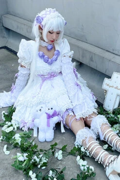 White/Purple Puff Short Sleeves Princess Gothic Lolita Tiered Dress -LolitaInside 9581d4c280328871f28fec0ee4a81f21