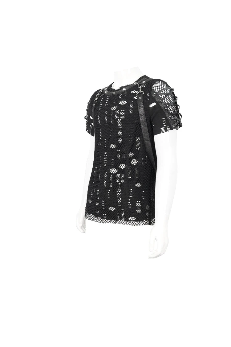 Black Half Hollow Shoulder Tie Design Men's Punk T-Shirt 9 Black Half Hollow Shoulder Tie Design Men's Punk T-Shirt - Image 7