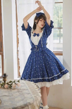 Midsummer Galaxy Shiny Star Print Short Sleeves Ruffle Bowknot Sweet Lolita OP Dress -LolitaInside 969d1edb92d03ec57b2f720ecf01fe82