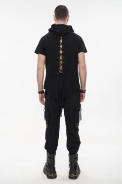 Black Hooded Mesh Splice Zipper Back Openwork Lace-Up Casual Short Sleeve Men's Punk T-Shirt -LolitaInside 96f8b4f977dbde35be121ca1c3422e69