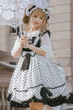 White/Black Polka Dot Print Bowknot Princess Sweet Lolita Suspender Dress -LolitaInside 97f73a03a6b1bc71de7d584a4f5356e8