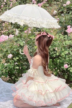 Pink/Beige Ballerina Style Bowknot Slim Fluffy Princess Sweet Lolita Tiered Dress -LolitaInside 9916ac8816ae83ee46d9d6b4fde06907