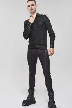 Black Punk High Collar Long Sleeve Stitched Metal Lace-Up Pentagram Hollow Texture Design Men's T-Shirt -LolitaInside 993e727a4fb31bd35e44c4572f8ab3e2