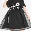 Black Stand Collar Lantern Short Sleeves Floral Print Organza Panel Sweet Lolita Dress
