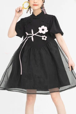 Black Stand Collar Lantern Short Sleeves Floral Print Organza Panel Sweet Lolita Dress