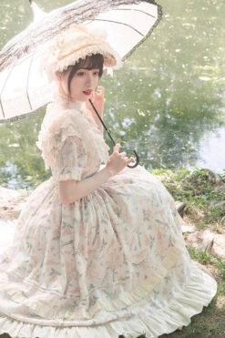 Multi-Color Daisy Print Cherry Embroidery Edwardian Collar Short Sleeves Sweet Lolita Dress -LolitaInside 9952dd8381a3e1ced6d7052906dd403b