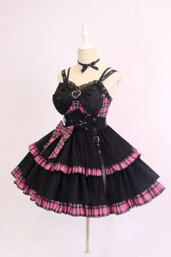 Black/Pink Plaid Print Color Contrast Leather Buckle Bowknot Ruffle Gothic Lolita JSK Dress 13 Black/Pink Plaid Print Color Contrast Leather Buckle Bowknot Ruffle Gothic Lolita JSK Dress -LolitaInside 99863bf246f1fa144c3d18fd3cfda694