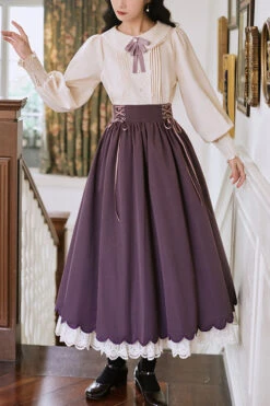 Solid Color High Waisted Lace Wave Hem Two Pieces Classic Lolita Dress