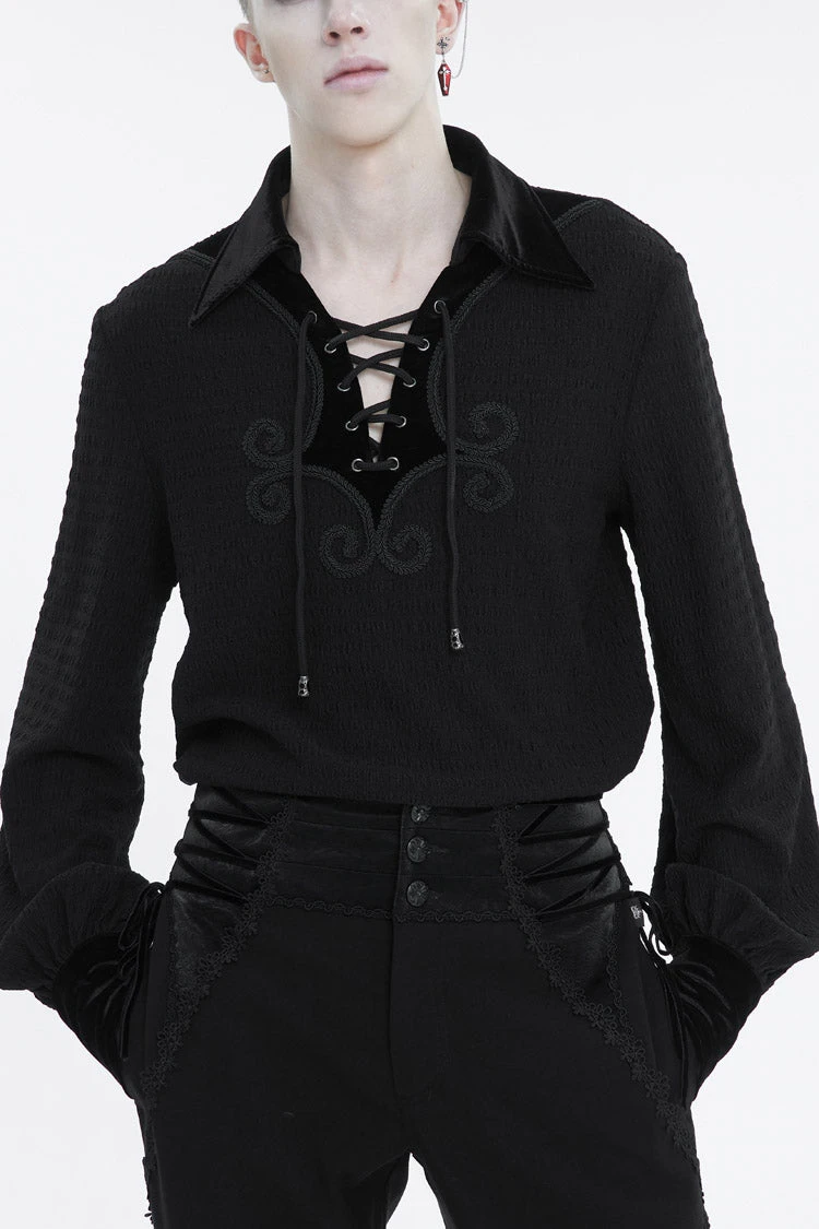 Black Embroidered Chest With Drawstring Strappy Puff Sleeved Men's Gothic Shirt 3 Black Embroidered Chest With Drawstring Strappy Puff Sleeved Men's Gothic Shirt