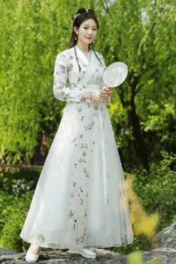 White Elegant Green Leaf Embroidery Sweet Hanfu Dress -LolitaInside 9bb11f50d31bc638428af573416668a8
