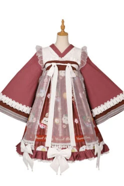 Dark Red Cat Print Chinese Style Bowknot Ruffled High Waisted Long Trumpet Sleeves Sweet Lolita OP Dress -LolitaInside 9bd04f5c43daba7e1c0435d18347c374
