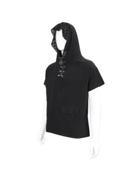 Black Hooded Mesh Splice Zipper Back Openwork Lace-Up Casual Short Sleeve Men's Punk T-Shirt -LolitaInside 9bf8a097ca993f73e302f7be2aa6c4db