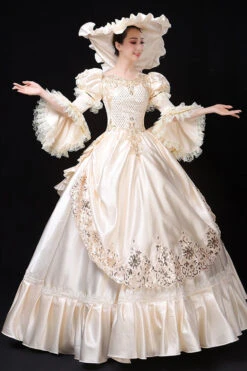 White Court Style High Waisted Flowers Decoration Hime Sleeves Victorian Lolita Prom Dress -LolitaInside 9bfc0543ab8594c8a29df6e0a40faaa4